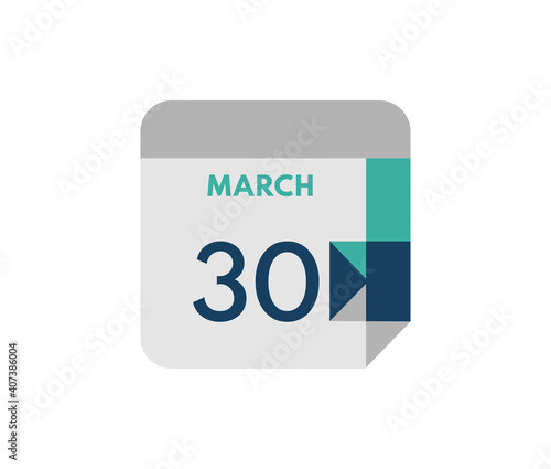 March 30 flat daily calendar date, 30 March Single Day Calendar Icon