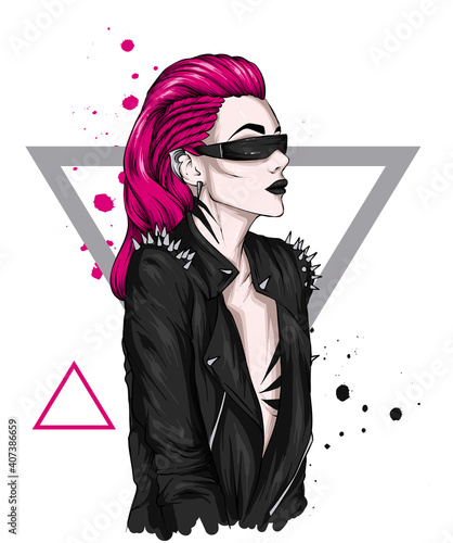 A beautiful girl in a stylish jacket with spikes and glasses. Punk rock. Fashion and style, clothing and accessories.
