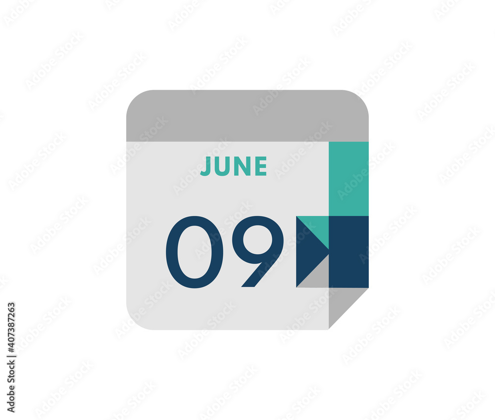June 9 flat daily calendar date, 9 June Single Day Calendar Icon June 9 flat daily calendar date, 9 June Single Day Calendar Icon