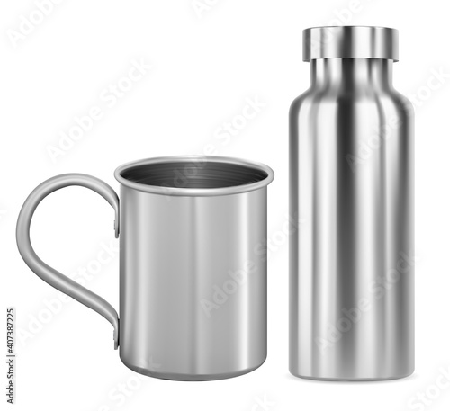 Stainless steel mug and metal flask, thermo bottle mockup. Aluminum camping cup with handle, reusable drink container, sport product can design. Silver vacuum tin, clean glossy illustration, identity