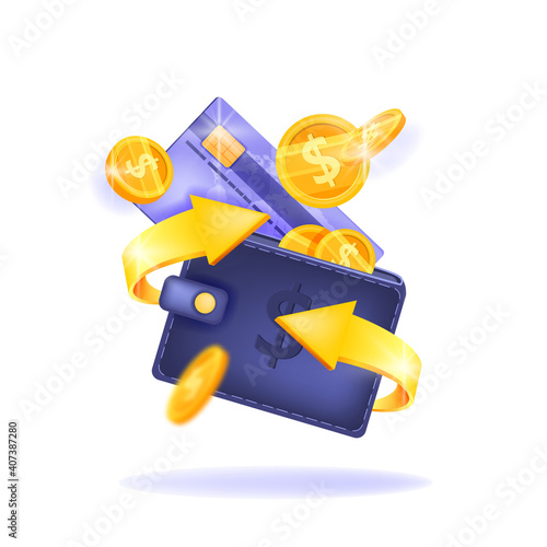 Cash back, money saving vector concept with dollar coins, wallet, arrows, credit card, isolated on white. Guarantee bonus program finance sticker. Online shopping, cash back sale offer emblem, logo