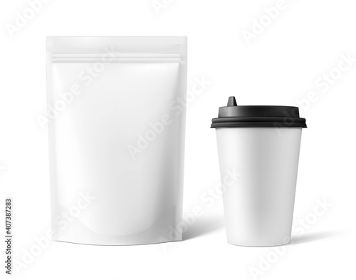 Food pouch bag and paper cup isolated on white background. Vector illustration. Front view. Can be use for template your design, presentation, promo, ad. EPS10.	