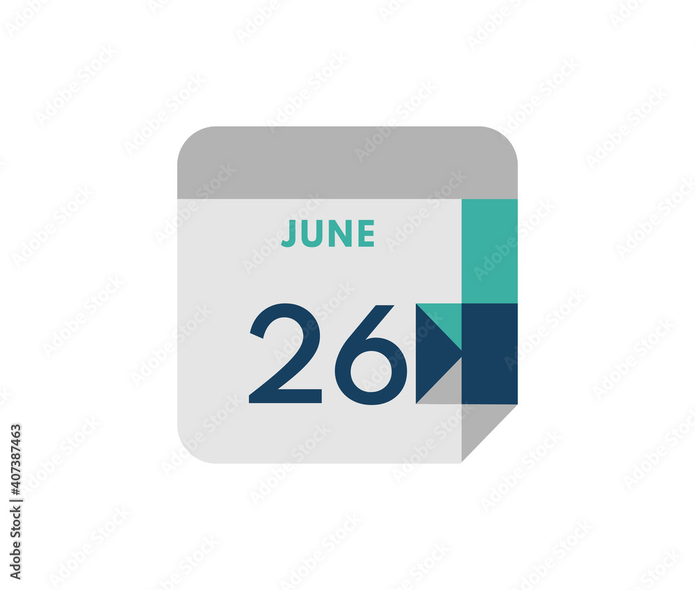 June 26 flat daily calendar date, 26 June Single Day Calendar Icon June 26 flat daily calendar date, 26 June Single Day Calendar Icon