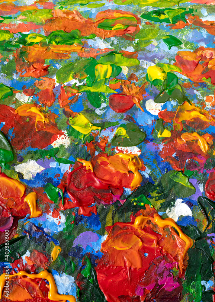 Close-up blue, yellow flower, red Poppies, roses, tulips flowers. Macro impasto painting. Original handmade abstract oil painting bright flowers made palette knife.