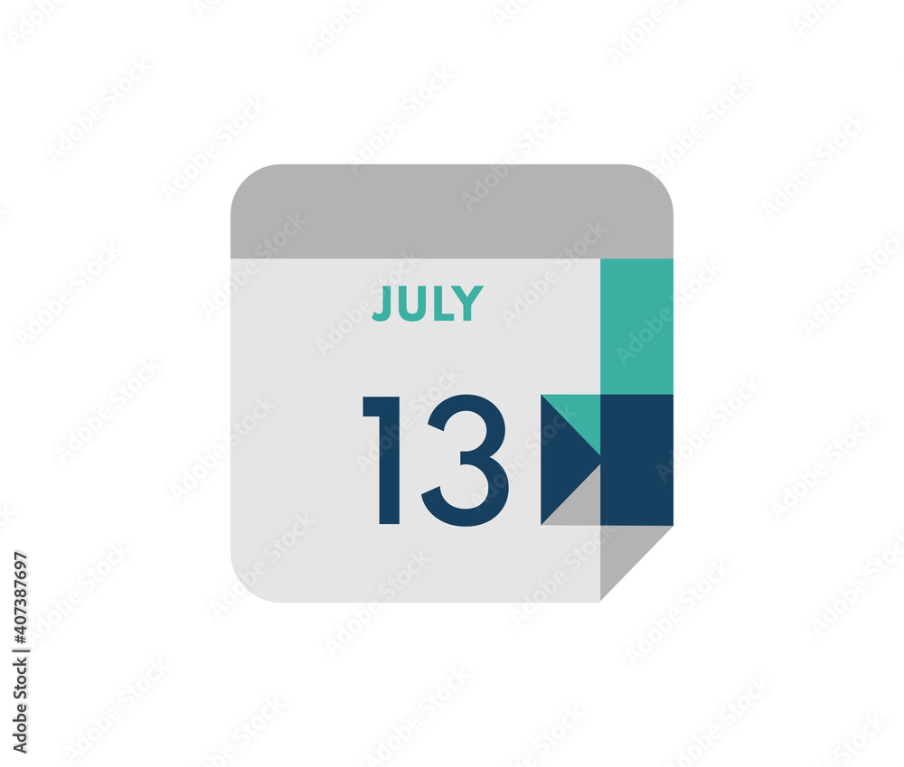 July 13 flat daily calendar date, 13 July Single Day Calendar Icon July 13 flat daily calendar date, 13 July Single Day Calendar Icon