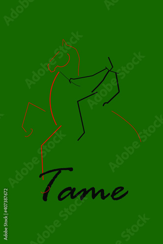 Vector linear picture Man tames a red horse The picture symbolizes perseverance, strength and power of a man.