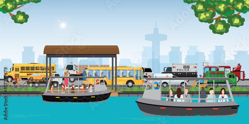 Canvas Print People travel by public boat to avoid heavy traffic during rush hours