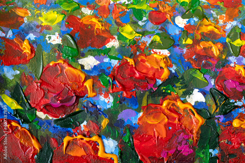 Painting Glade of red large poppies flowers in green grass close-up. Floral Landscape Red Poppies - Oil Painting and Palette Knife illustration artwork flower background.