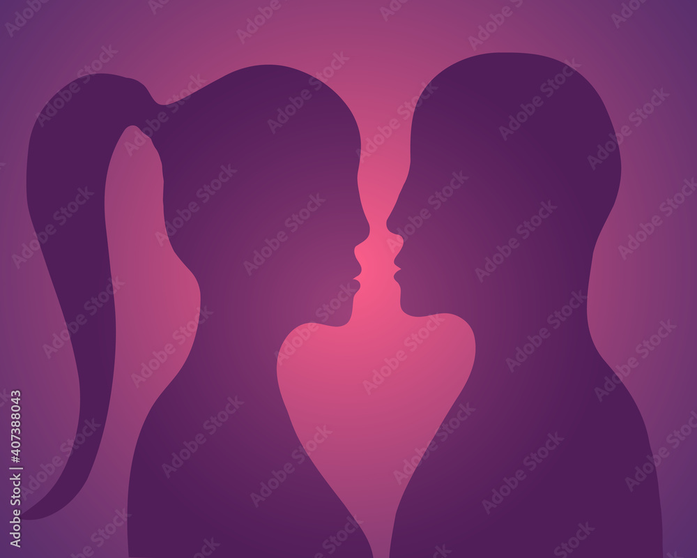 Vector illustration for Valentine's Day. Couple in love kissing on background of hearts