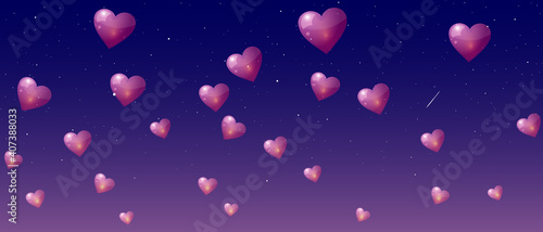Vector illustration for Valentine's Day. Flying burning hearts on background of the starry sky