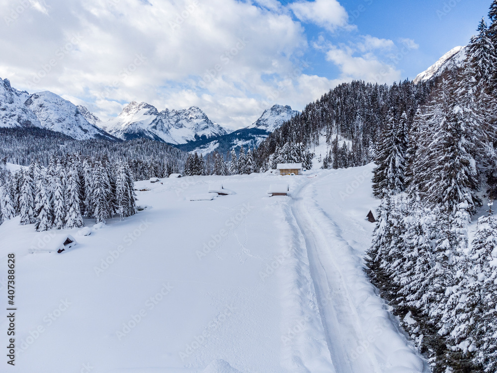Mountain in the snow. Sappada, Geometries and panoramas from above. Mountain in the snow. Sappada, Geometries and panoramas from above.