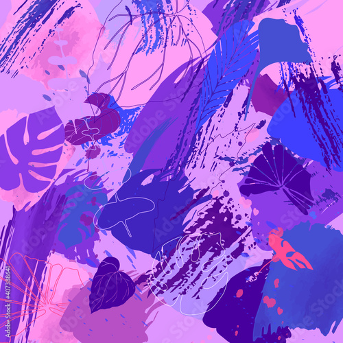 Tropical leaves and plants background. Monstera leaf pattern. Textured artistic background for textile, web design, postcard, banner, poster,  advertisment