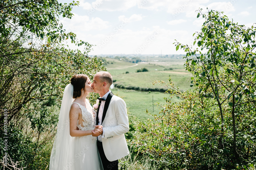 Bride and groom kissing on nature. Romantic couple newlyweds outdoors. Wedding ceremony.