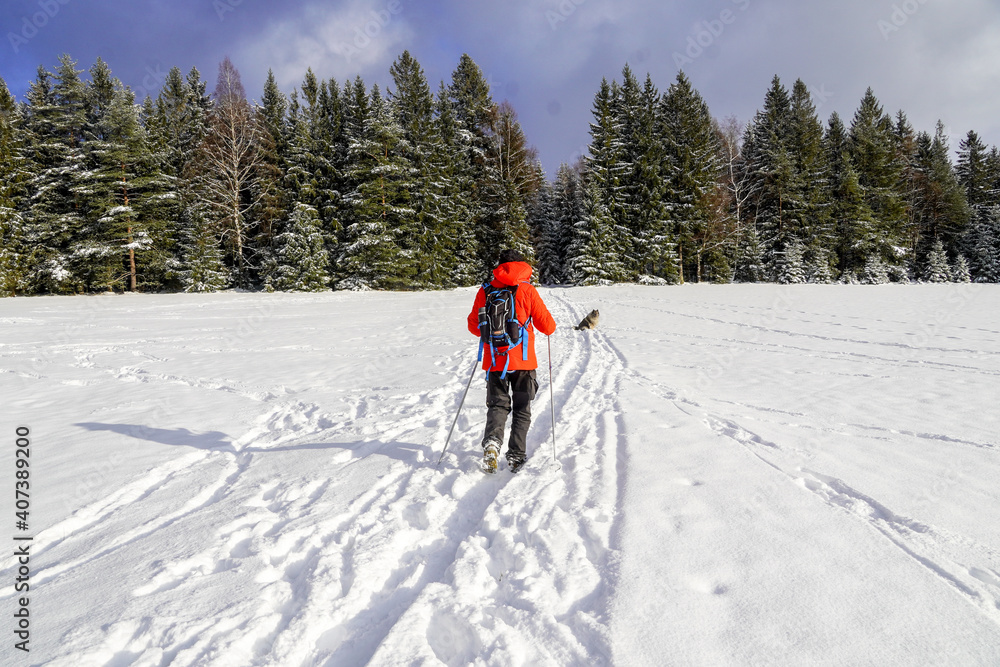 Winterwandern Mann mit roter Jacke im Schnee Hund