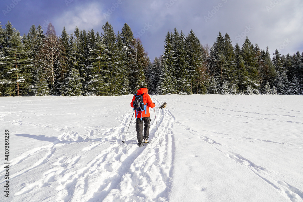 Winterwandern Mann mit roter Jacke im Schnee Hund