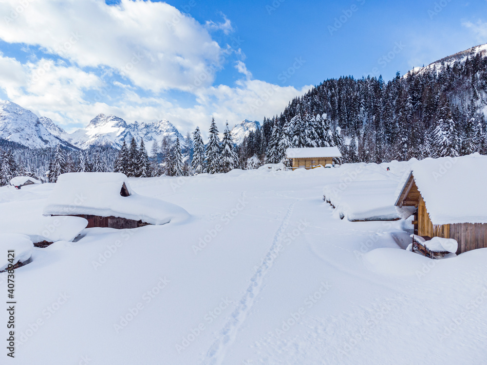 Mountain in the snow. Sappada, Geometries and panoramas from above. Mountain in the snow. Sappada, Geometries and panoramas from above.