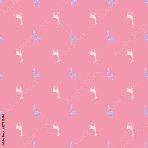 Bright kids seamless pattern with white and blue little giraffe shapes. Pink background.