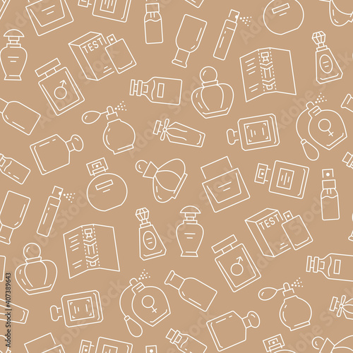 Perfume bottles beige seamless pattern. Vector background included line icons as glass sprayer, luxury parfum sampler, essential oil, cologne outline pictogram for cosmetic store