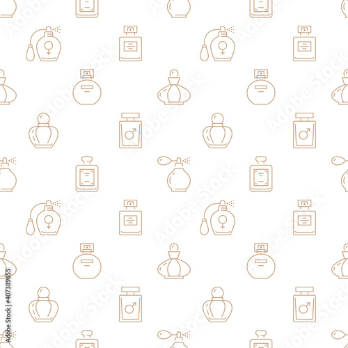 Perfume bottles beige seamless pattern. Vector white background included line icons as glass sprayer, luxury parfum sampler, essential oil, cologne outline pictogram for cosmetic store