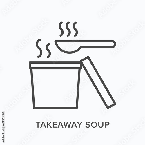 Takeaway soup flat line icon. Vector outline illustration of asian hot lunch. Ramen black thin linear pictogram for fast food restaurant
