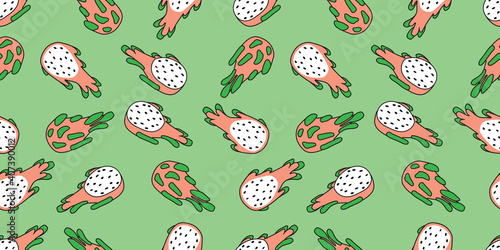 Fruit seamless pattern, Hand drawing Dragon fruit patterns on green wallpaper. 