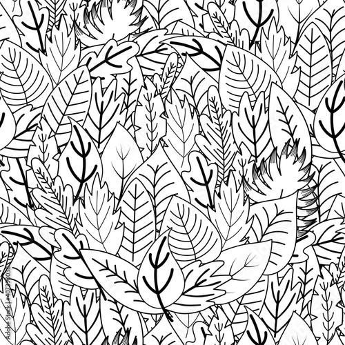 Doodle leaves seamless pattern. Whimsical plants coloring page. Black and white floral print for coloring book. Nature outline background. Vector illustration