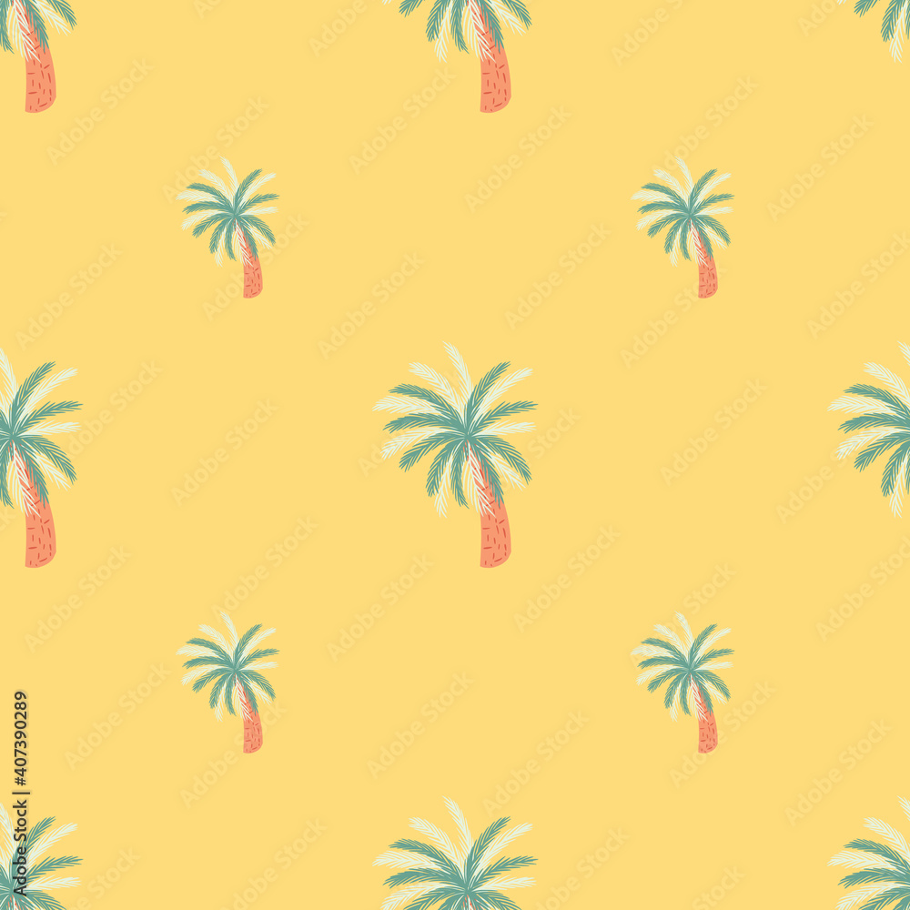 Summer seamless minimalistic pattern with blue colored palm trees print. Yellow background. Doodle style.