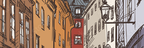 Old buildings drawing, European architecture in old town Gamla Stan, Stockholm, Long poster Hand drawn illustration vector sketch