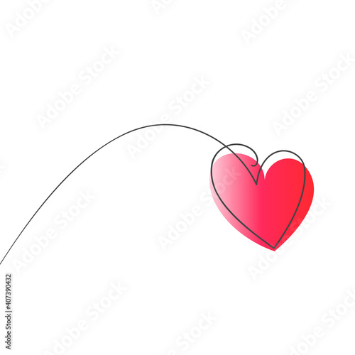 Heart continuous one line drawing, Heart vibrant gradient and hand drawn black line vector minimalist illustration of love concept made of one line, Heart hanging on dynamic arc line