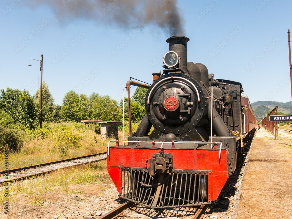 Naklejka premium Tourist train called Valdiviano that runs from Valdivia to Antilhue with a 1913 North British locomotive type 57. Los Rios Region, in southern Chile.