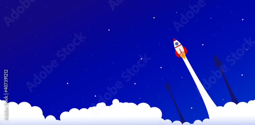 start up. launch of a rocket ship. horizontal layout banner. flat vector of rockets taking off. launching a business project.