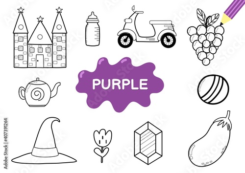 Color the elements in purple. Coloring page for kids. Educational material for school and preschool. Vector illustration 