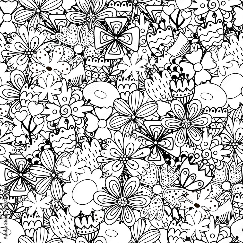 Doodle flowers seamless pattern. Whimsical nature coloring page. Black and white floral print for coloring book. Nature outline background. Vector illustration
