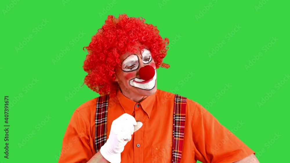 Happy clown has an idea, finger up on a Green Screen, Chroma Key. Happy clown has an idea, finger up on a Green Screen, Chroma Key.