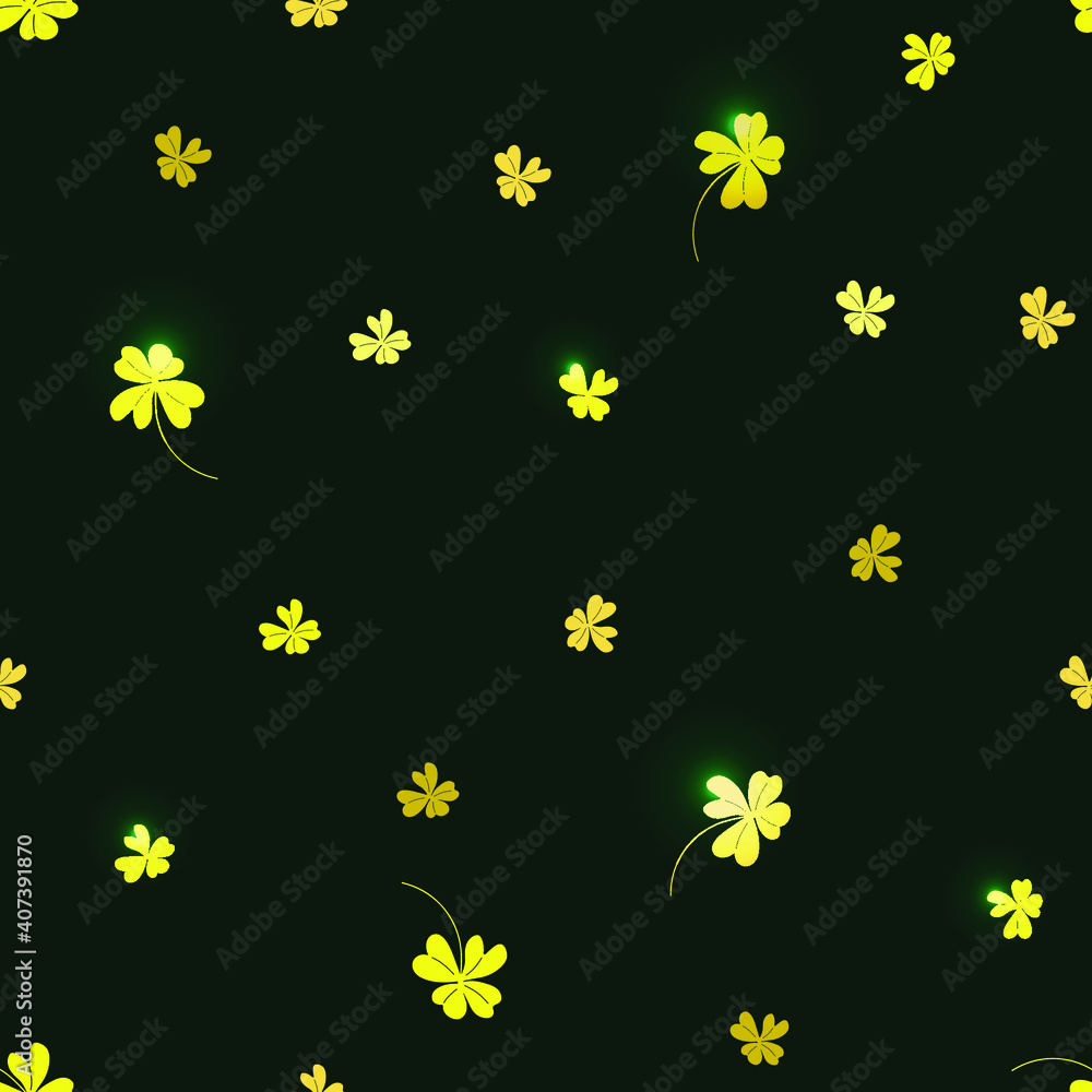 Golden Floral seamless pattern. Saint Patricks day background with shamrock. Vector illustration on dark green. Clover Ireland symbol pattern. For wallpaper, banner, invitation, wrapping, textiles.