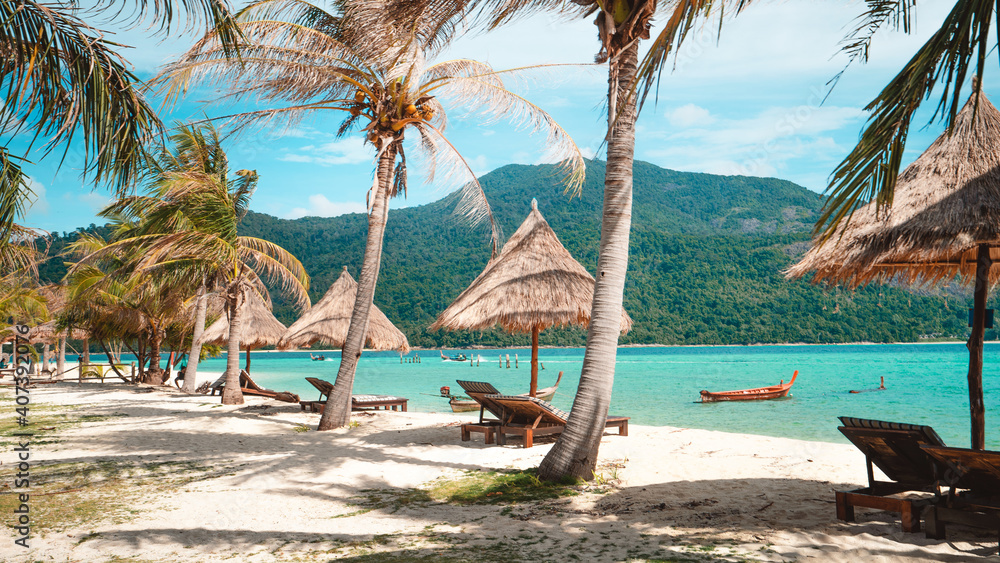 Fototapeta premium palms and sun beds with sea view. Tropical beach landscape as summer vacation and holiday resort