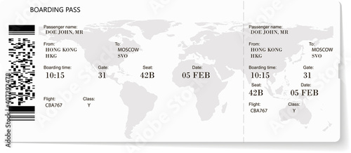 Grey vector template of boarding pass ticket. Concept of trip, journey or travel by plane.