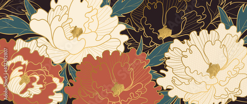 Luxury gold floral oriental style background vector. Flower wallpaper design with peony flower, Japanese, Chinese oriental line art with golden texture. Vector illustration.

