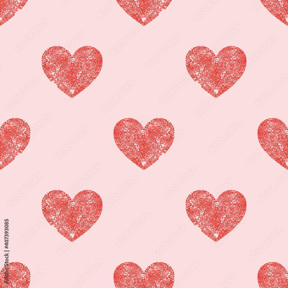 Seamless pattern with red hearts is on pink background. Illustration for a cover, a poster or a textile design. Save with the Clipping Mask.