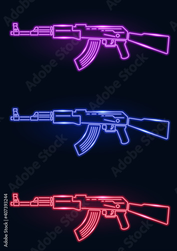 Assault rifle neon sign. Design template, light banner, night bright advertising. A set of rifles in nenon.