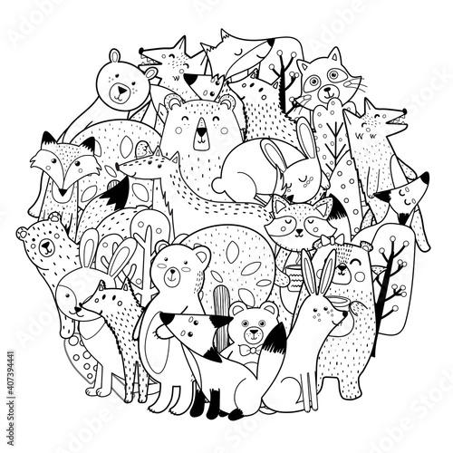 Circle shape coloring page with funny forest characters. Cute woodland animals black and white print. Template for coloring book. Vector illustration