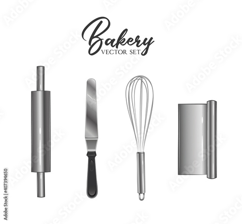 3d stainless steel kitchen utensils for baking on white background