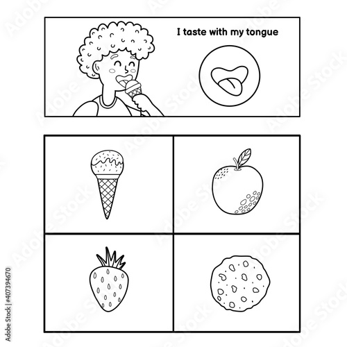 Five senses poster. Taste sense presentation page for kids. Great for activity book. Vector illustration