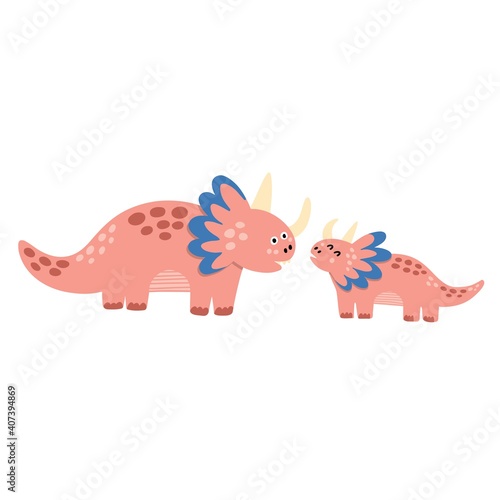 Cute mother and baby dinosaurs print. Funny triceratops dino family clipart. Prehistoric animals isolated element. Vector illustration © juliyas