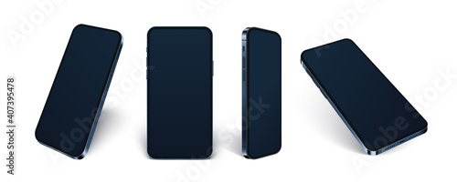 Realistic phone 12, blue glass mobile mockup isolated on white background, different 3d smartphones set with blank screen for showing ux app design, vector illustration.