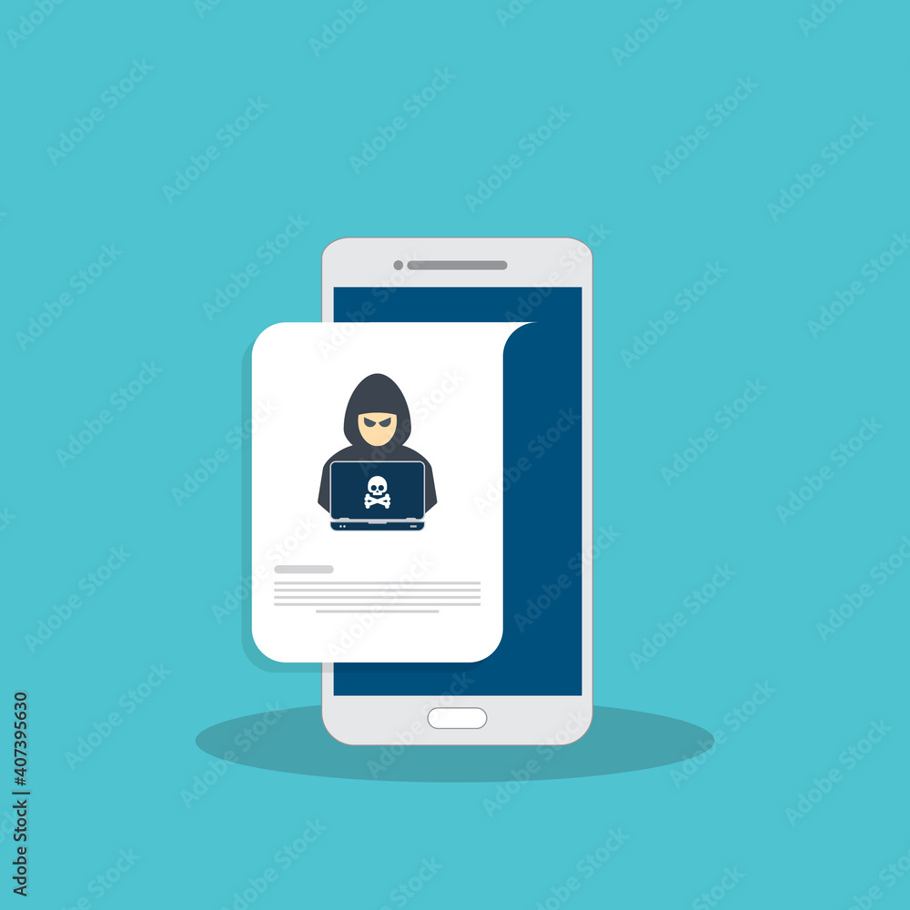 Hacker, malware notification on mobile phone. Smartphone with hacker alert, spam data on cellphone fraud error message, scam, virus. Flat vector illustration. Hacker, malware notification on mobile phone. Smartphone with hacker alert, spam data on cellphone fraud error message, scam, virus. Flat vector illustration.