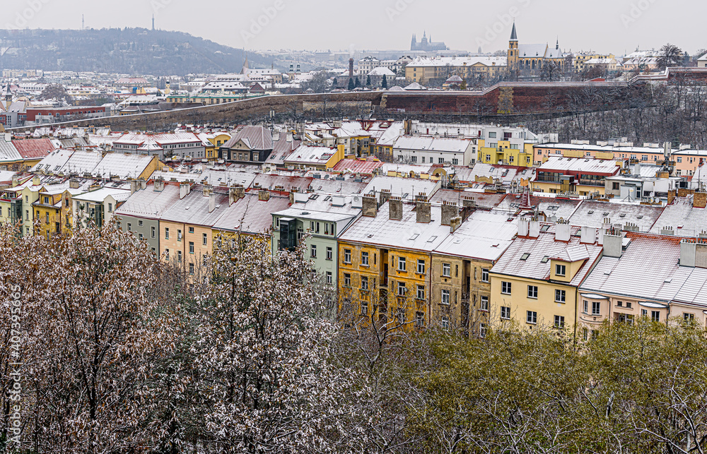 Historical Vysehrad in Prague covered in the first snow of the winter.
