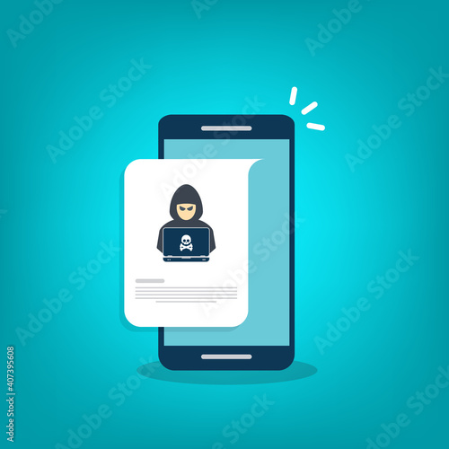 Hacker, malware notification on mobile phone. Smartphone with hacker alert, spam data on cellphone fraud error message, scam, virus. Flat vector illustration.