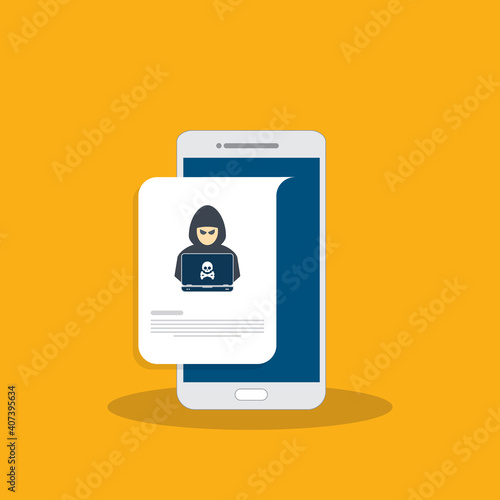 Hacker, malware notification on mobile phone. Smartphone with hacker alert, spam data on cellphone fraud error message, scam, virus. Flat vector illustration.