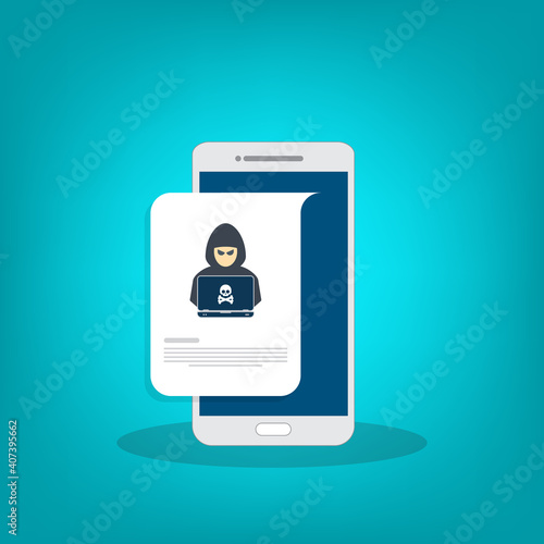 Hacker, malware notification on mobile phone. Smartphone with hacker alert, spam data on cellphone fraud error message, scam, virus. Flat vector illustration.